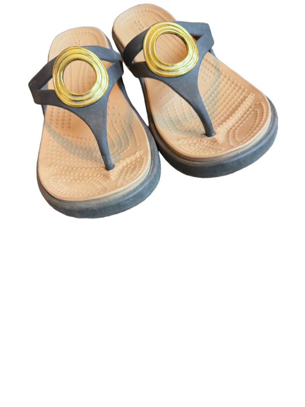 Crocs Black Gold O Ring Wedge Flip Flop Sandals Lightweight Strap Size 8 Women's - Picture 4 of 11